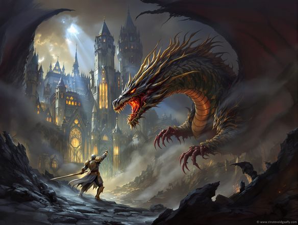 A majestic fantasy concept art scene featuring a knight battling a dragon before a castle, fantasy concept art maker, detailed armor, atmospheric lighting, high fantasy art style.