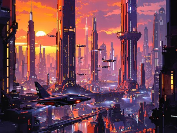 Futuristic cityscape at dawn, concept art style, with flying vehicles and towering skyscrapers, rendered in a vibrant, painterly aesthetic.
