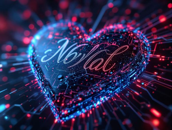 A close-up of a digital heart with initials engraved on it, superimposed on a breaking news banner. The heart glows with an ominous light. High resolution, detailed.