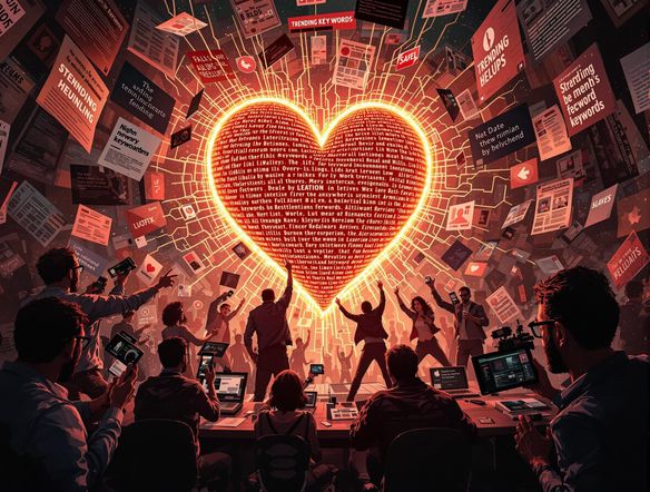 A chaotic newsroom scene with headlines swirling in the air. A digital heart pulses in the background, displaying trending keywords. Hyperrealistic, dramatic lighting.