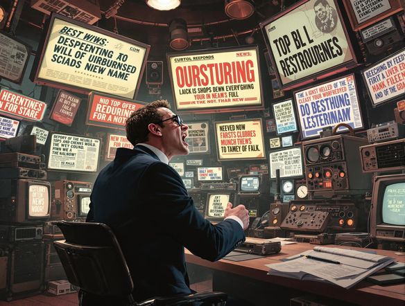 A chaotic newsroom filled with screens displaying outrageous headlines, a retro typewriter in the foreground, and a person dramatically gasping at a headline.