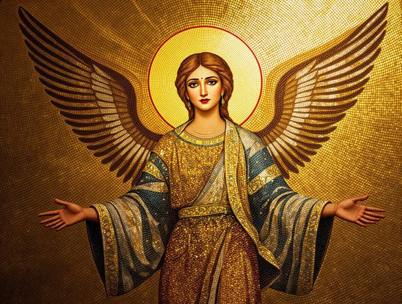 A Byzantine religious icon of an angel, rendered as a mosaic with a radiant gold background, shimmering tesserae, and profound spiritual aura. Keywords: 'gold background mosaic AI', 'religious icon generator'.
