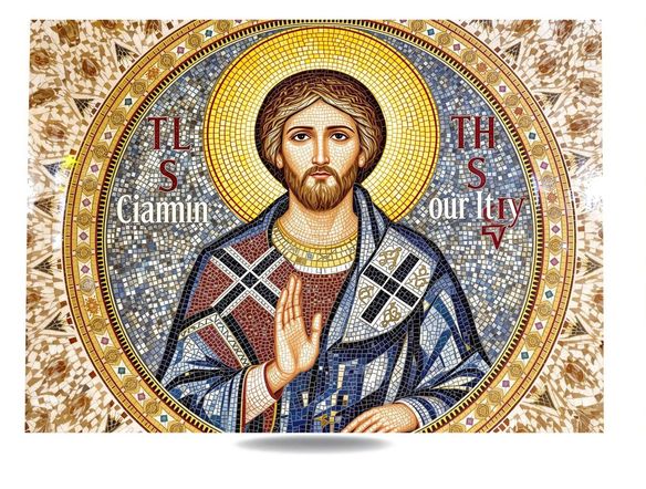 A detailed Byzantine mosaic depicting a saint, crafted with vibrant glass tesserae, intricate patterns, and a sense of ancient artistry. Use the keywords 'create Byzantine mosaics' and 'ancient mosaic generator'.
