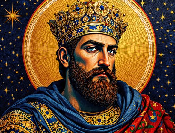 A vibrant Byzantine mosaic depicting a regal emperor, intricate gold tesserae, deep blues and reds, set against a starry celestial background, high detail.