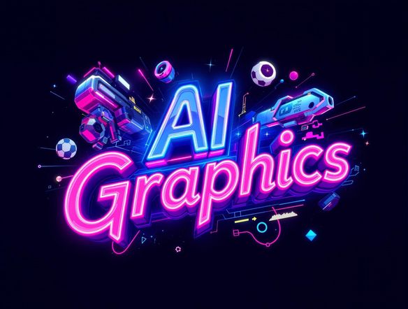 A vibrant, stylized text graphic with neon colors and a futuristic design, showcasing the words "AI Graphics" in a dynamic and eye-catching arrangement.