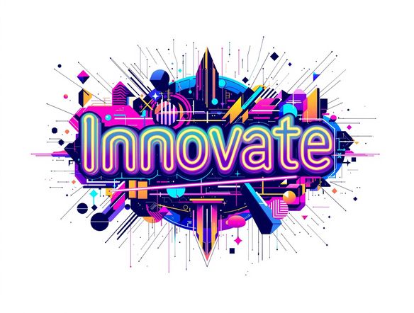 Generate a vibrant vector graphic featuring the text 'Innovate'. Use a bold, futuristic font with a neon color scheme. Add abstract geometric shapes in the background for depth and visual interest. High resolution, ai vector art generator.