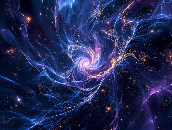 A vibrant, infinitely detailed fractal pattern resembling a cosmic nebula, rendered in deep blues and purples with glowing golden accents, showcasing complex mathematical beauty.