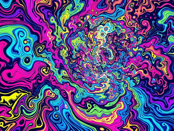 A wildly colorful and swirling psychedelic fractal pattern, reminiscent of a kaleidoscope, with vibrant neon pinks, electric blues, and acid greens, evoking a sense of wonder and exploration.