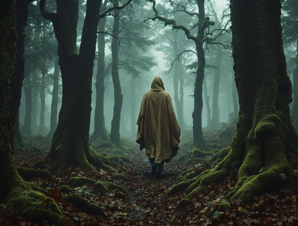 A magazine cover featuring a lone figure walking through a misty forest. The title is 'Whispers of the Wild.' Moody lighting, cinematic composition, dark green and brown color palette.
