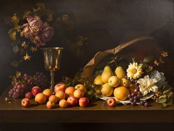 A dramatic Baroque still life painting, chiaroscuro lighting, featuring a lavish spread of fruits, a silver goblet, and wilting flowers on a dark wooden table. Intricate details, oil on canvas texture, 17th-century style.