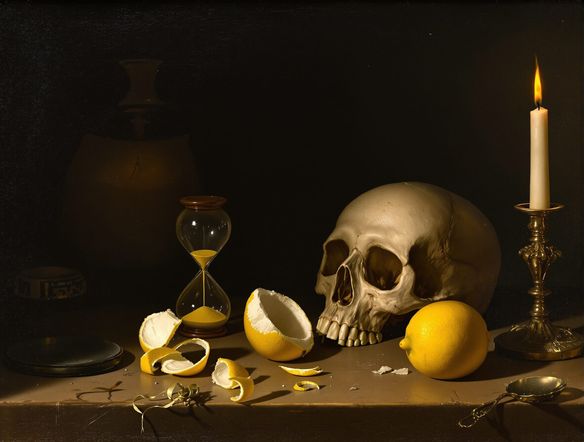 A Dutch Golden Age still life, Vanitas theme, featuring a skull, an hourglass, a half-peeled lemon, and a flickering candle on a cluttered table. Muted color palette, hyperrealistic detail, oil painting.