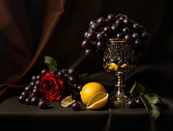 A photorealistic Baroque still life painting featuring a silver goblet overflowing with grapes, a half-peeled lemon, and a wilting rose on a dark, draped table, illuminated by dramatic chiaroscuro lighting.