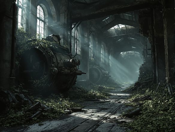 An abandoned, overgrown factory interior with broken machinery, shafts of dusty light piercing the gloom, a sense of decay and lost purpose, AI dark sci-fi art, gritty textures, atmospheric perspective.