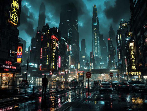A sprawling, rain-slicked cyberpunk metropolis at night, neon signs reflecting off wet streets, towering, oppressive skyscrapers, a lone figure in silhouette, grim futuristic art style, cinematic lighting.