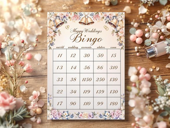 A beautifully designed bingo card featuring wedding-themed icons like wedding bells, cakes, and rings. Soft pastel colors, elegant font, and a festive atmosphere. High-resolution, watercolor style.
