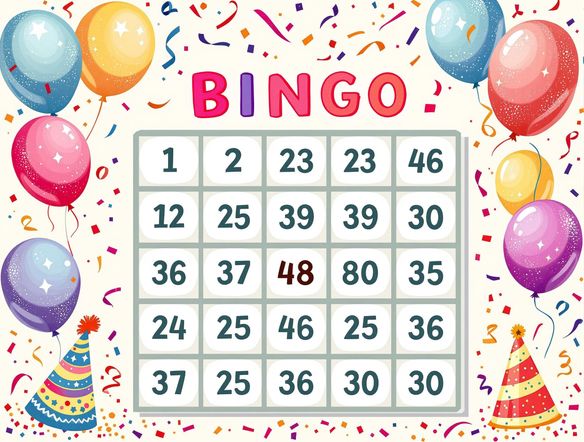 A vibrant and playful bingo card design featuring confetti, balloons, and party hats. Bold colors, easy-to-read numbers, and a celebratory feel. Vector illustration, high-resolution.
