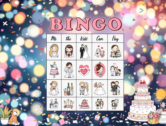 A vibrant, festive bingo card filled with wedding-themed icons and illustrations, set against a backdrop of celebratory confetti and bokeh lights.
