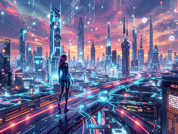 A digital cityscape with interconnected nodes representing web pages, illuminated by glowing pathways, symbolizing a sitemap's structure and connectivity.