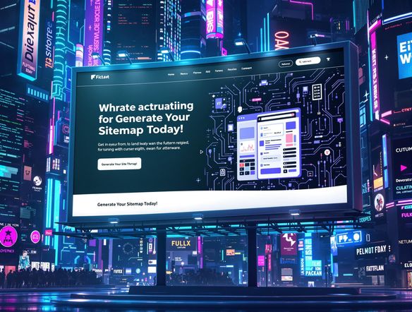 Design a billboard advertisement promoting a website, emphasizing its free sitemap generation service. The billboard should be simple, clean, and feature a clear call-to-action, such as 'Generate Your Sitemap Today!' with a modern, tech-inspired design.