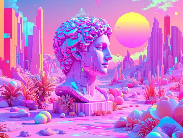 A dreamy vaporwave poster with a glitchy Roman bust statue in a surreal landscape, soft pastel colors, geometric shapes, and a sense of digital decay, retro-futurism art.