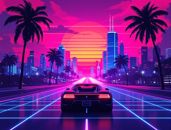 A vibrant synthwave poster design featuring a lone sports car driving towards a neon-drenched cityscape at sunset, grid lines and palm trees, 80s aesthetic, synthwave poster art.