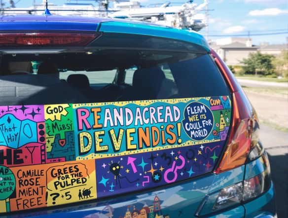 A vibrant, humorous bumper sticker design featuring a clever slogan and an eye-catching logo, displayed on the bumper of a car in motion.