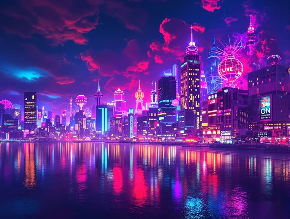 A cityscape at twilight with buildings glowing and water reflecting in surreal, vibrant colors, showcasing a digital infrared art style, otherworldly atmosphere.