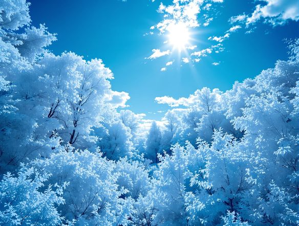 A lush forest scene with vibrant green foliage appearing white and sky a deep, surreal blue, simulating infrared photography effect, ethereal glow.