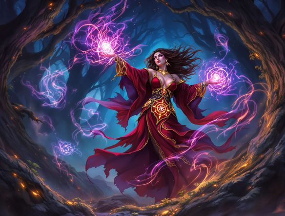 A powerful sorceress with flowing robes and glowing arcane symbols, conjuring magical energy in a mystical forest setting.