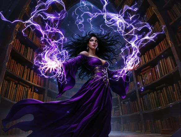 A dynamic scene of a sorceress casting a powerful spell, ethereal light, flowing robes, ancient library background, concept art, high fantasy illustration.
