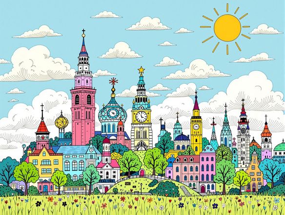 A vibrant postcard featuring a landmark with 'Greetings From' in a playful chalk font, sunny sky, and cheerful colors.