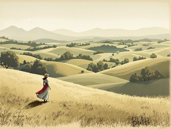 A vintage postcard featuring a scenic landscape with a handwritten message in a classic chalkboard font. The background includes subtle textures and faded colors for an authentic feel.