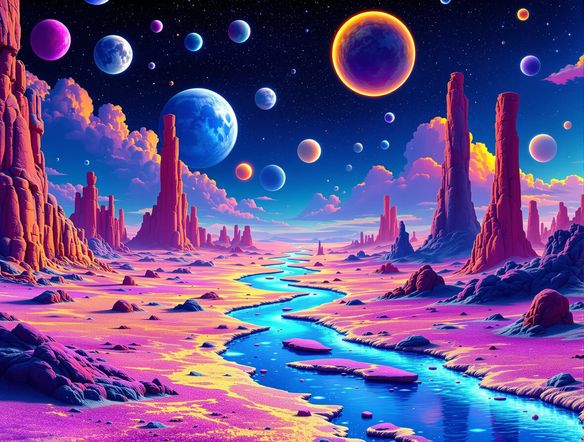 A surreal landscape with a vibrant, contrasting duotone color scheme, showcasing a dreamlike atmosphere. Digital duotone image style, high detail.