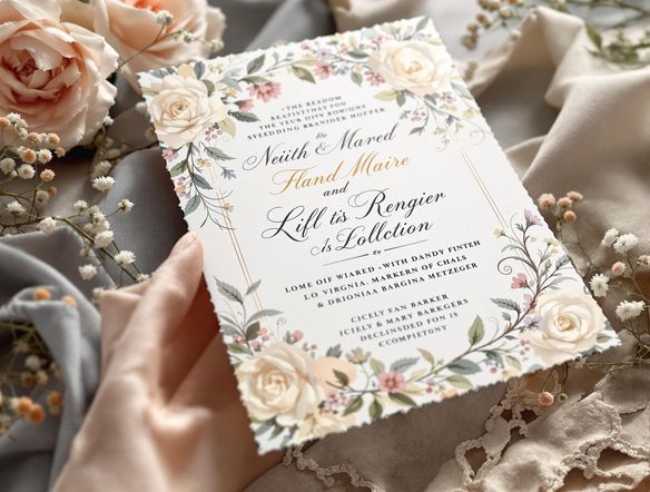 A beautifully designed wedding invitation featuring ornate calligraphy, delicate floral accents, and a soft, romantic color palette, high resolution, elegant presentation.