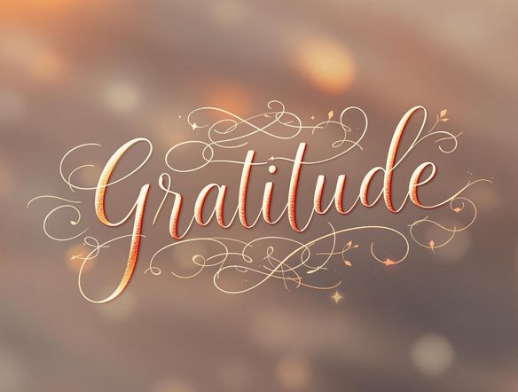Elegant calligraphy design featuring flowing lines and intricate details, showcasing the word 'Gratitude' in a modern script, soft lighting, high resolution.
