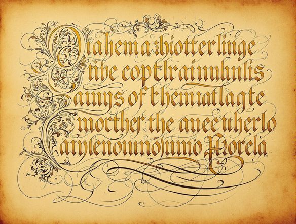 Elegant calligraphy design with flowing lines and intricate details, gold ink on parchment background.