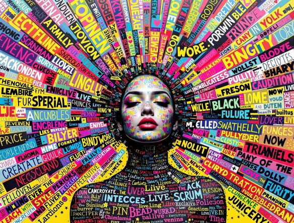 A vibrant explosion of colorful words arranged in a dynamic, abstract design, symbolizing creativity and innovation.