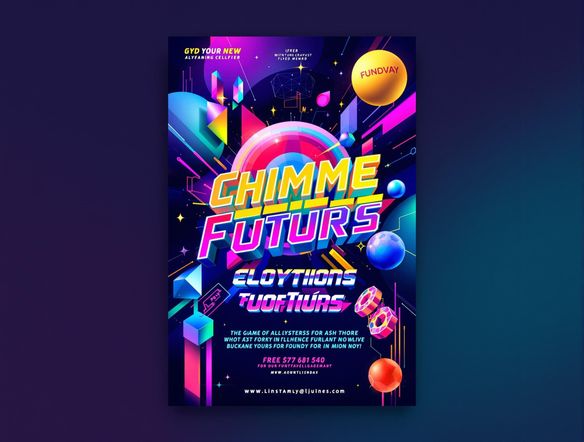 A vibrant flyer design featuring bold typography and abstract shapes. The color scheme should be bright and energetic, with a focus on attracting attention. Incorporate elements of modern art and futuristic design. High resolution, digital art.