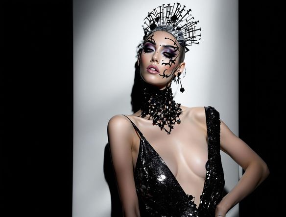 Close-up of a model with artistic makeup, vibrant colors, magazine cover style, high fashion, studio lighting.