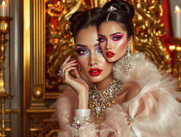 A glamorous magazine cover featuring a beauty editorial shot, showcasing vibrant makeup. Include the magazine title 'GlamAesthetic'. The image should evoke luxury and high fashion, with a focus on detailed makeup artistry.