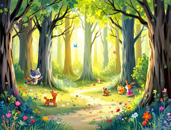 A vibrant digital crayon illustration of a whimsical forest scene, showcasing a charming crayon effect, soft textures, and a nostalgic feel.
