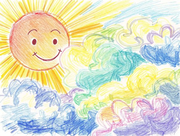 A joyful colored pencil style art of a smiling sun and fluffy clouds, rendered with the naive charm of childlike art AI, bright and cheerful.