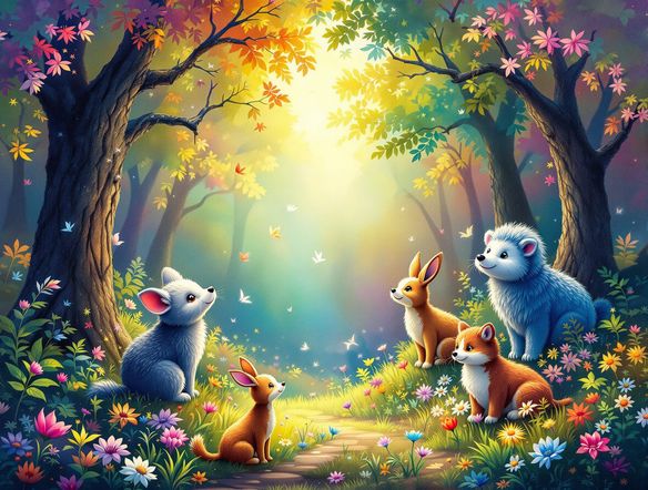 A whimsical forest scene rendered in vibrant crayon textures, with playful animals and a magical glow, showcasing the unique charm of AI crayon art.
