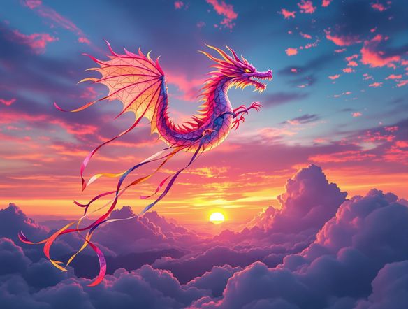 A whimsical, fantastical kite shaped like a dragon, with flowing colorful ribbons, soaring high in a sunset sky. Style: flying paper art generator, custom kite art maker.