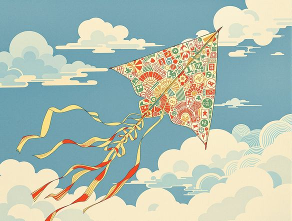 A beautifully detailed, traditional Japanese paper kite design, rendered with intricate patterns and vibrant colors, floating against a clear blue sky. Style: traditional kite art AI.