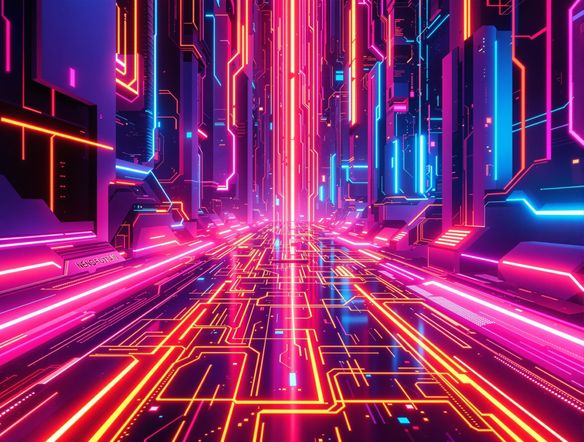 A vibrant digital artwork embodying the Neo-Futurism aesthetic AI, featuring sharp geometric shapes, neon accents, and a sense of advanced technology. Cyberpunk graphic generator style.