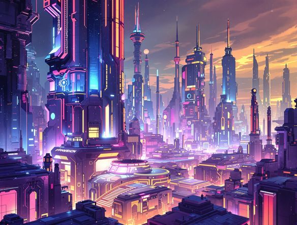 An abstract composition representing a futuristic cityscape, rendered with a sleek, modern futuristic art style. Use our sci-fi design tool to generate glowing architectural elements and atmospheric lighting.