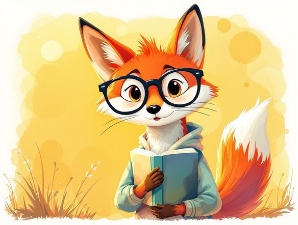 A whimsical logo design featuring a cartoon fox wearing glasses, initially sketched on paper, now rendered in high resolution with vibrant colors using a drawing to realistic generator. The logo should be suitable for a children's book publisher.