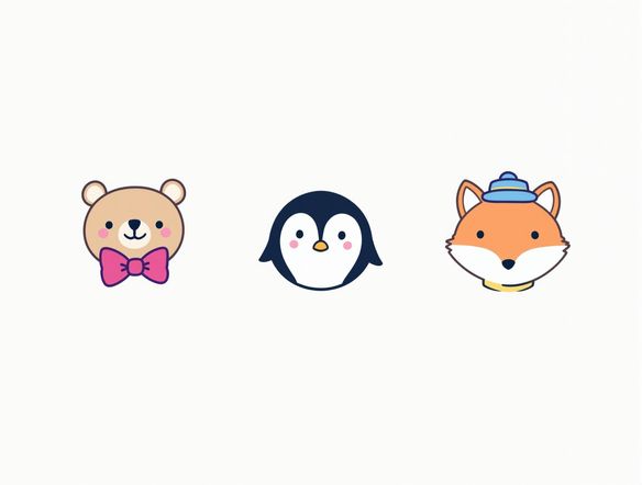 A collection of cute cartoon animal logos, including a smiling bear, a playful penguin, and a cheerful fox, all in pastel colors with soft, rounded shapes.