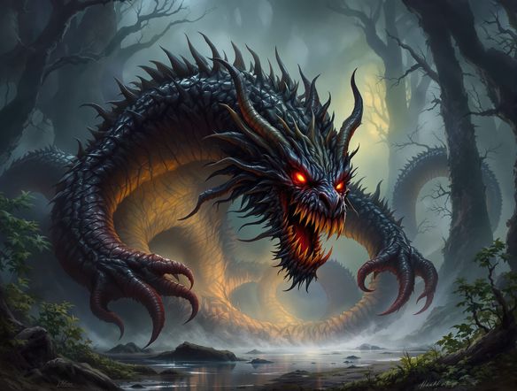 A terrifying yet fantastic creature, a fusion of dragon and kraken, with glowing red eyes and sharp tentacles, emerging from a misty, ancient forest.